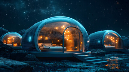 Leinwandbilder - Futuristic domed habitats glow under a starry sky. Luxurious alien living with warm light, inviting design, and rocky landscape. Abstract wireframe in dark blue.