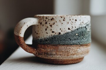 Poster - Handcrafted ceramic mug with speckled design showcasing earthy tones on a windowsill in natural light