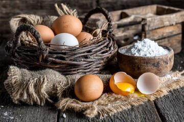 Aufkleber - Fresh eggs and flour arranged in a rustic kitchen setting with woven basket and wooden bowl