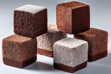 Poster - Delicious chocolate and cocoa cubes arranged on a plain background showcasing their textures and colors