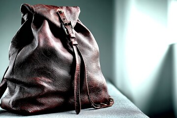 Poster - Brown leather backpack placed on a surface with soft lighting showcasing its texture and design
