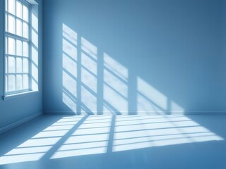 Aufkleber - 明るい日当たりの良い部屋の内部 白い壁と床に幾何学的な影を落とす大きな窓 青と白の色調 ミニマリストのデザインのコンセプト