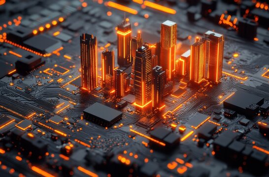 Glowing Orange City on Dark Circuit Board Futuristic 3D Render
