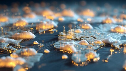 Poster - A cloud computing idea featuring a golden cloud icon linked to a worldwide web of interconnected lines and nodes, symbolizing the global interconnectedness of cloud-based technologies