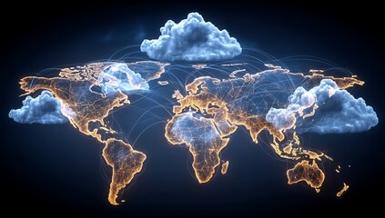 Poster - the golden cloud symbol of a cloud computing concept is linked to a global network of interconnected