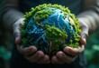 © Zabi - detailed digital art, intricate, hyperrealistic, macro of lush green vegetation and mosses growing all over a globe representing Earth, held in cupped human hands, soft diffuse lighting, colorful