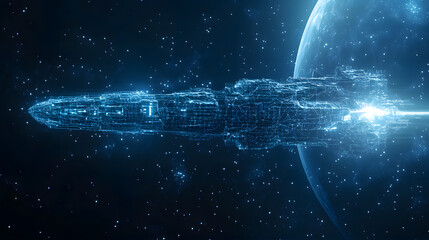 Fototapete - Futuristic spaceship emitting a powerful energy beam against a backdrop of a blue planet and stars. Technological marvel exploring space in a grid style. Abstract wireframe in dark blue.