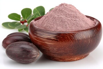 Poster - Natural powdered spice with seeds displayed in a wooden bowl on white background