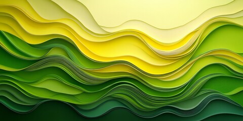 Canvas Print - abstract wavy background, layered paper cut style in green and yellow tones, 3d illustration