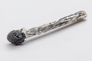 Poster - Detailed close-up of a burned wooden matchstick resting on a light background, showcasing its texture and condition after use