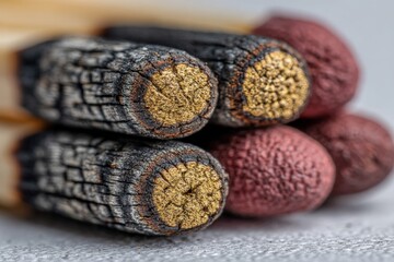 Poster - Close-up view of striking surfaces on vintage wooden matchsticks arranged aesthetically on a textured surface