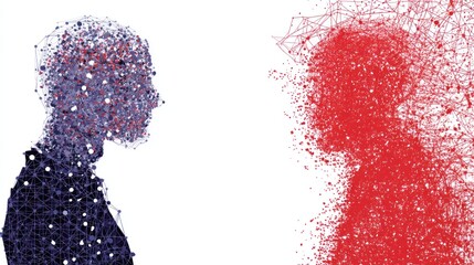 Poster - Two abstract human figures one blue and one red on a white background.