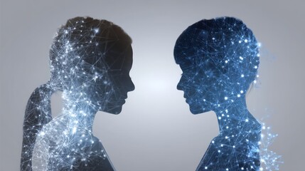 Poster - Two human figures face each other composed of light particles on gray background.