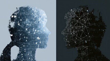 Poster - Two human head silhouettes filled with network connections on contrasting backgrounds.