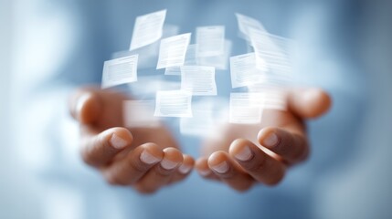 Poster - Open hands presenting floating white squares representing data or information.