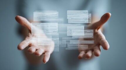 Poster - Person holding digital interface elements in hands against a blurred background.