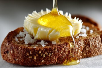 Poster - Delicious toast topped with creamy butter, honey drizzle, and a sprinkle of sea salt on a wooden surface