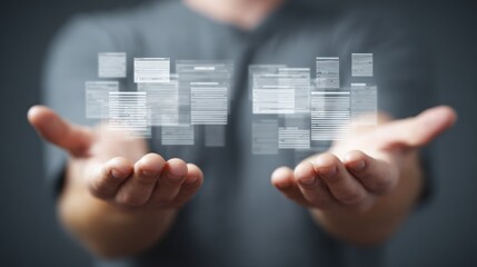 Poster - Person holding digital squares in hands against a dark background.