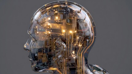 Poster - Metallic human head with visible internal circuitry against a plain background.