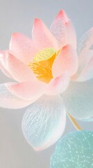 Aufkleber - 水滴が付いた淡いピンク色の蓮の花のクローズアップ写真 静かな背景に映える繊細なディテール 瞑想的な精神的な雰囲気
