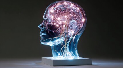 Poster - Illuminated human head outline with internal light network on a white base.