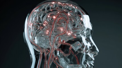 Poster - Transparent human head with internal lights representing brain activity on dark background.