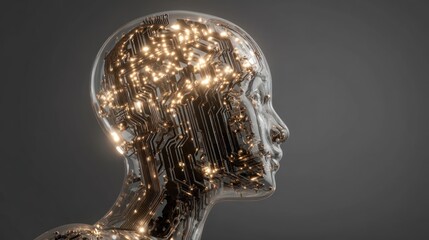 Poster - Metallic human head with glowing lights inside representing artificial intelligence concept.