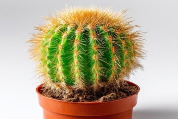 Poster - Bright green cactus with long thorns showcasing vibrant colors in a terracotta pot on neutral background