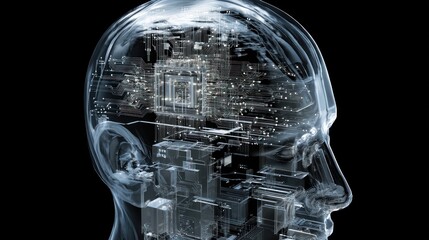 Poster - Transparent head silhouette filled with circuitry against a dark background.