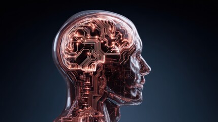 Poster - Metallic human head with visible internal mechanisms against a dark blue background.