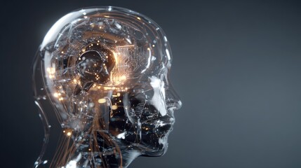 Poster - Transparent head with internal glowing structure against a dark background.