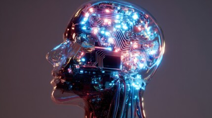 Poster - Artificial intelligence head with glowing nodes representing neural networks and connections.