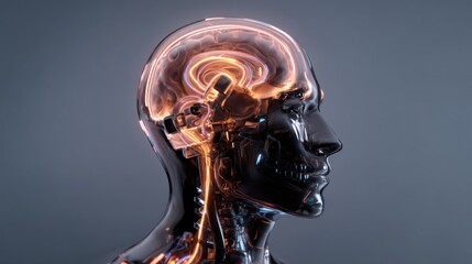 Poster - Human head silhouette with glowing brain and nerves on a dark background.