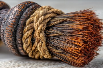 Poster - Close-up view of a traditional brush made of natural bristles and wood, showcasing craftsmanship and detail in a serene setting