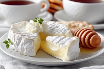 Poster - Warm baked brie served with honey and crackers alongside tea in a cozy setting