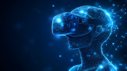 Poster - Immerse yourself in virtual reality! A wireframe figure explores digital realms with a high-tech VR headset. Experience the future of gaming and interaction. Abstract wireframe in dark blue.