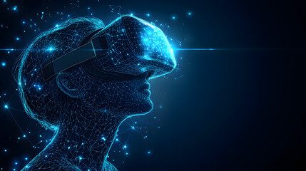 Fototapete - Futuristic VR user depicted as interconnected blue lines. A person immersed in virtual reality, represented digitally with a glowing headset.Abstract wireframe in dark blue