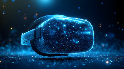 Leinwandbilder - Futuristic VR headset with glowing blue digital mesh. Immersive technology for gaming and virtual experiences. Cutting-edge design. Perfect for technology enthusiasts. Abstract wireframe in dark blue