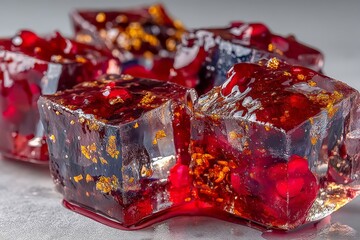 Poster - Colorful gelatin cubes with shimmering pieces captured in bright light on a textured surface