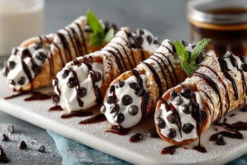 Poster - Delicious dessert platter featuring cannoli with chocolate chips and cream topping on a stylish serving board