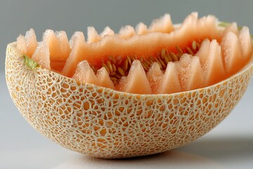 Poster - Sweet and juicy melon cut in half showcasing intricate texture and vibrant color in a simple setting