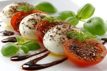 Poster - Fresh mozzarella and tomato salad with basil and balsamic glaze presented on a white plate