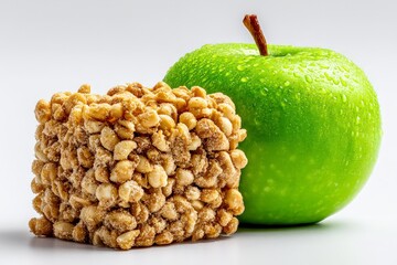 Poster - Fresh green apple beside a crunchy peanut snack treats on a clean white surface