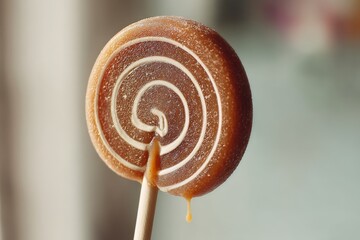Poster - Colorful spiral lollipop with caramel drizzle is ready to be enjoyed at a local candy shop during afternoon hours