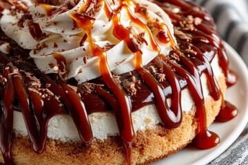Poster - Delicious dessert with whipped cream, chocolate sauce, and caramel drizzle on a plate in bright kitchen setting