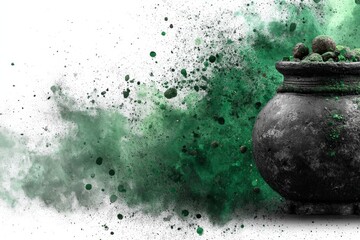 Aufkleber - Ceramic pot surrounded by vibrant green powder showcasing creative art form in abstract style