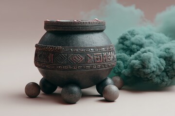 Aufkleber - Artistic display of a black pot surrounded by colorful smoke in a minimalist setting