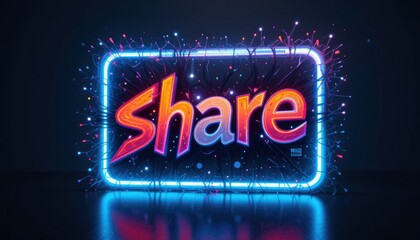 Poster - Illuminated Share Graphic with Neon Frame and Sparkle Effects on Dark Background