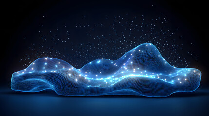 Fototapete - Futuristic abstract wireframe landscape with illuminated points and floating particle constellation against a dark gradient background. Abstract wireframe in dark blue