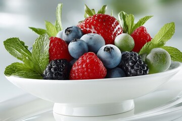 Aufkleber - Fresh mixed berry salad with mint leaves displayed in a white bowl on a light background
